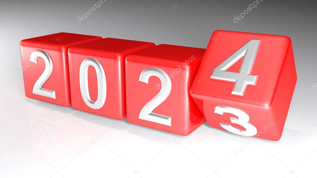 El año 2023 está escrito con números cromados en cuatro cubos rojos que