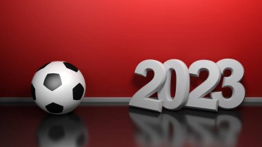 Beyaz karakterlerle 2023 yazın, kırmızı bir duvarda duran, bir futbol topu yakınında - 3d render illüstrasyon