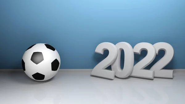 青い壁に立ち サッカーボールの近くに立つ白い文字で書き込み2022 3Dレンダリングイラスト — ストック写真