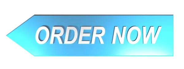 The write ORDER NOW in white letters on a blue arrow pointing to left, on white background - 3D rendering illustration
