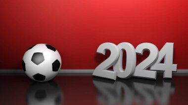 Beyaz karakterlerle 2024 yazın, kırmızı bir duvarda duran, bir futbol topu yakınında - 3d render illüstrasyon
