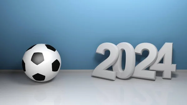 Write 2024 White Characters Standing Blue Wall Soccer Ball Rendering — Stock Photo, Image