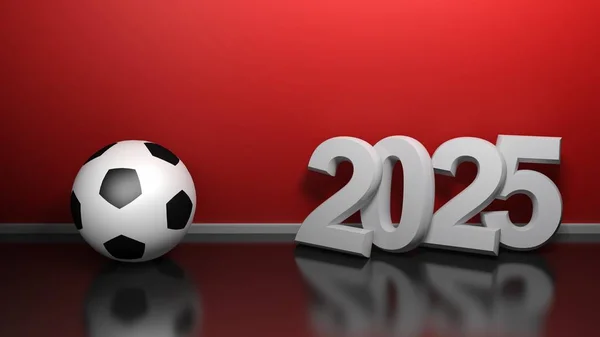 Skriv 2025 Vita Tecken Stående Vid Röd Vägg Nära Fotboll — Stockfoto
