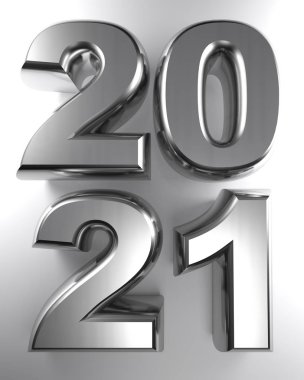 2021 yılı, metalik krom 3d harflerle yazılmış, beyaz bir yüzey üzerinde
