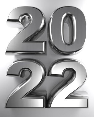 Yıl 2022, metalik krom 3d harflerle yazılmış, beyaz bir yüzey üzerinde