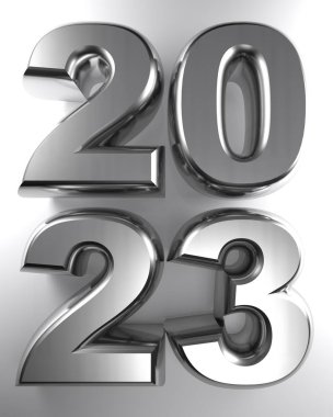 Yıl 2023, metalik krom 3d harflerle yazılmış, beyaz bir yüzey üzerinde