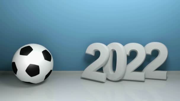 2022 na modré stěně s fotbalovým míčem-3D vykreslování ilustrace — Stock video