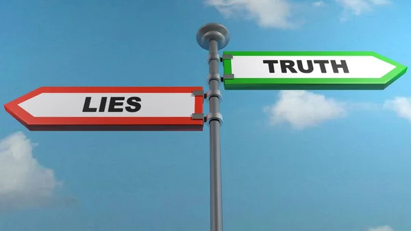 A street sign post with a green sign to the right for truth and a red sign to the left for lies - 3D rendering illustration