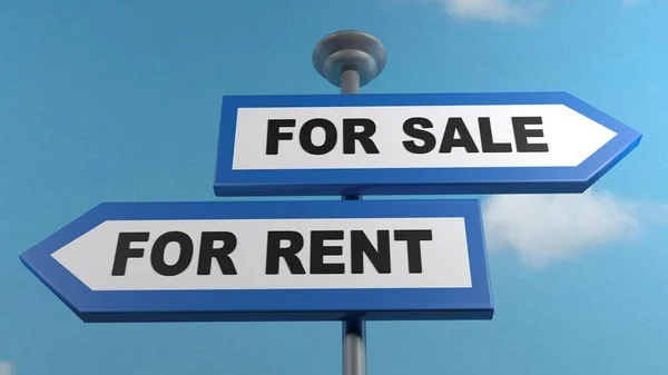 A sign post with two arrow signs, one with the write For Rent and the other with the write For Sale, pointing to opposite directions - 3D rendering illustration
