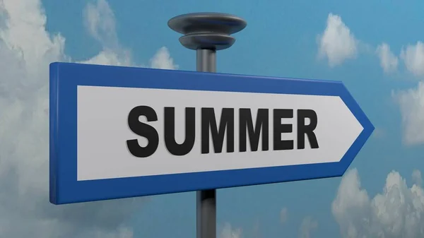 A blue and white arrow street sign with the write SUMMER - 3D rendering illustration