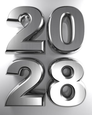 Yıl 2028, metalik krom 3d harflerle yazılmış, beyaz bir yüzey üzerinde