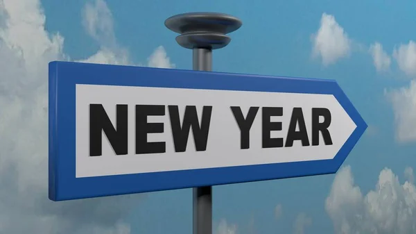 A blue and white arrow street sign with the write NEW YEAR - 3D rendering illustration