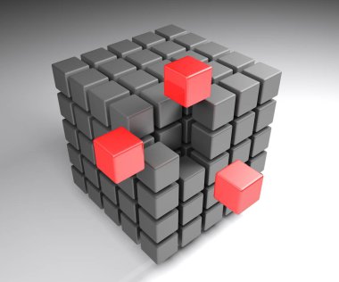 Küçük küpler kübik bir yapı oluşturmak ve son üç olanlar konumlarını geliyor - 3d render illüstrasyon