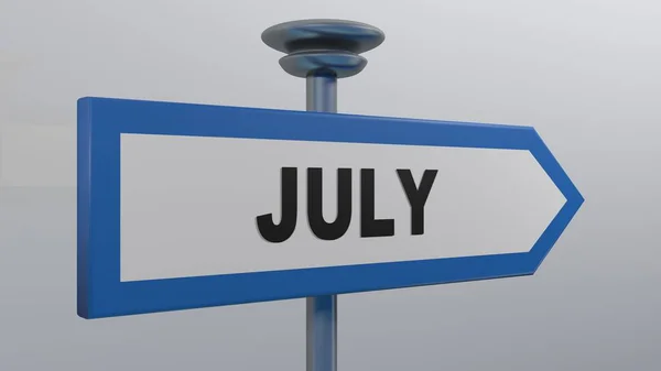 Ein Blau Weißes Pfeil Straßenschild Mit Dem Schriftzug Juli Darstellung — Stockfoto