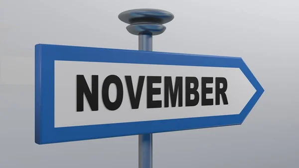 Ein Blau Weißes Pfeil Straßenschild Mit Dem Schriftzug November Darstellung — Stockfoto