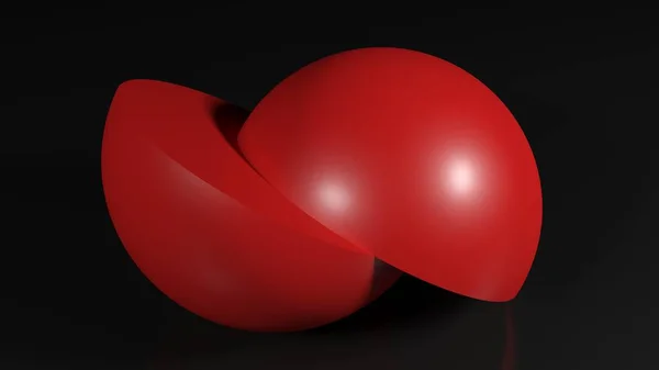 抽象红色球体 切成两部分 在黑色背景上隔离 — 图库照片