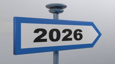 Yazma 2026 ile mavi bir sokak işareti ok - 3d render illüstrasyon