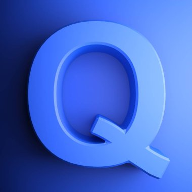 Kare simgesinde Q alfabetik harf, mavi arka plan üzerinde mavi - 3d render illüstrasyon