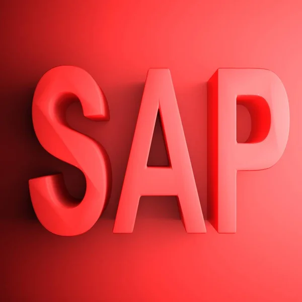 A red square icon with the write SAP in red letters on red background - 3D rendering illustration