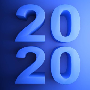 2020 yılı mavi üzerine mavi ile yazılmış kare bir simge - 3d render illüstrasyon
