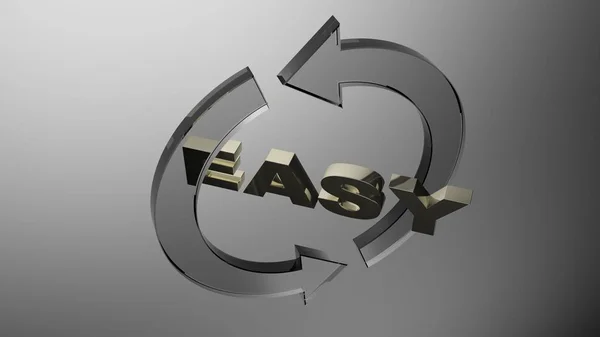 The word EASY in golden letters, surrounded by two transparent arrows that are rotating around it - 3D rendering illustration