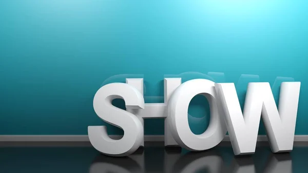 The write SHOW, written with white letters, leaning at a blue wall - 3D rendering illustration