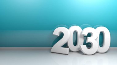2030 sayısı bir odanın mavi duvarına yaslanmış. 3d render illüstrasyon