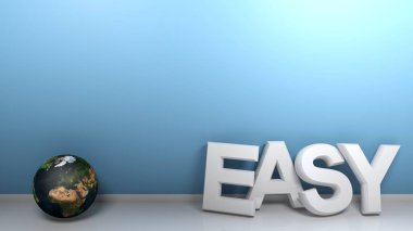 Beyaz harflerle kolay kelime, bir odanın mavi duvarına yaslanmış - 3d render illüstrasyon