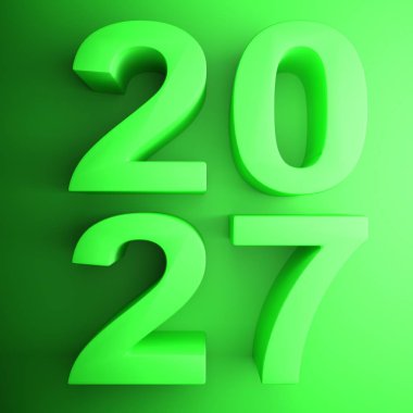 Yeşil üzerine yeşil le yazılmış 2027 yılı ile kare simge - 3d render illüstrasyon