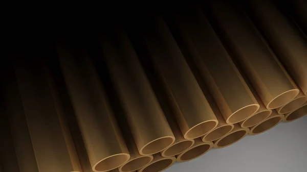 A perspective view on a series of metallic tubes laying on a glossy black surface - 3D rendering illustration