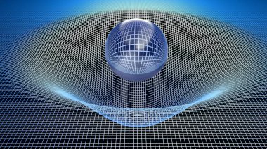 Metalik krom küre bir yerçekimi alanı temsil etmek için deforme mavi bir ızgara üzerinde - 3d render illüstrasyon