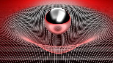 Metalik krom küre bir yerçekimi alanı temsil etmek için deforme kırmızı bir ızgara üzerinde - 3d render illüstrasyon