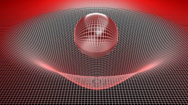 Kırmızı cam küre kırmızı ızgara kavisli yüzey üzerinde - yerçekimi deformasyonlar kavramı - 3d render illüstrasyon