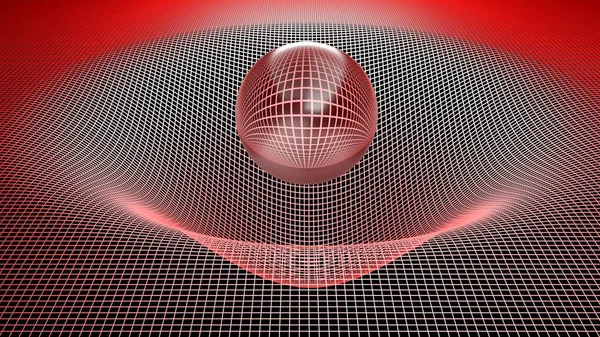 Kırmızı cam küre kırmızı ızgara kavisli yüzey üzerinde - yerçekimi deformasyonlar kavramı - 3d render illüstrasyon