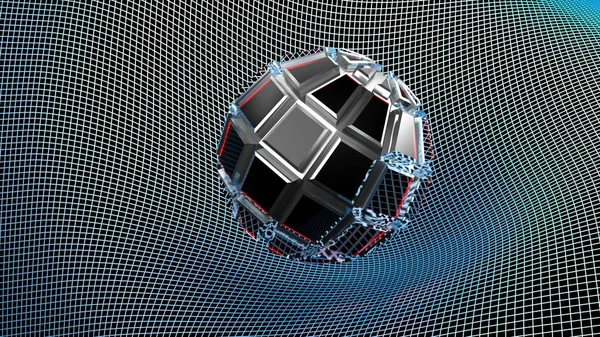 A metallic sphere with red glass square parts is over a red grid - 3D rendering illustration
