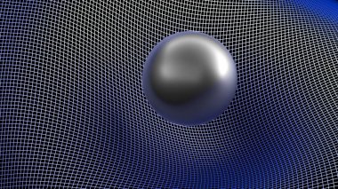 Siyah parlak küre mavi ızgara kavisli yüzey üzerinde - yerçekimi deformasyonlar kavramı - 3d render illüstrasyon