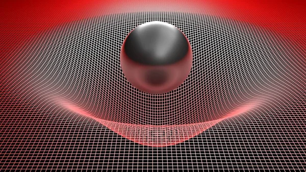 Una Esfera Negra Brillante Está Sobre Una Superficie Curvada Rejilla — Foto de Stock