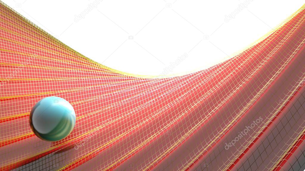 An abstract background image with a blue glossy sphere over a red waving surface with a yellow grid - 3D rendering illustration