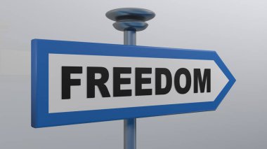 Beyaz arka plan üzerinde izole özgürlük yazma ile mavi ve beyaz sokak ok işareti - 3d render illüstrasyon