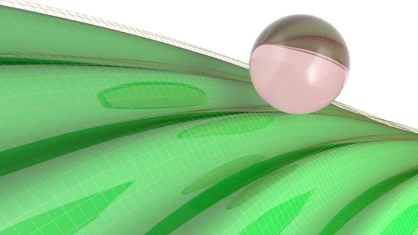 Absztrakt Háttérképe Üveggömbvel Zöld Hullámon Sárga Rácson Rendering Illusztráció — Stock Fotó