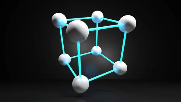 通过蓝光连接连接的白色球体的立方结构 在白色背景上隔离 渲染图 — 图库照片