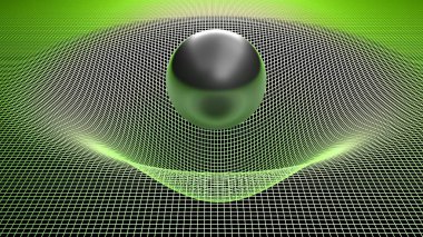 Siyah parlak küre yeşil ızgara kavisli yüzey üzerinde - yerçekimi deformasyonlar kavramı - 3d render illüstrasyon