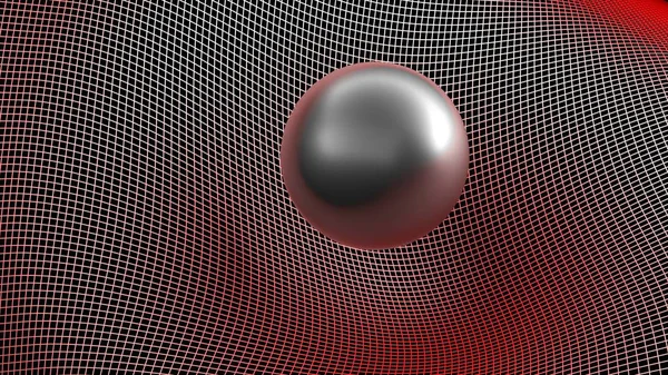Siyah parlak küre kırmızı ızgara kavisli yüzey üzerinde - yerçekimi deformasyonlar kavramı - 3d render illüstrasyon