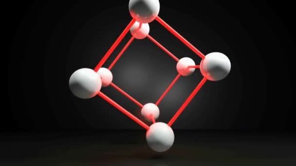 Estructura cúbica con esferas blancas conectadas por conexiones de luz roja - Representación 3D videoclip — Vídeo de stock