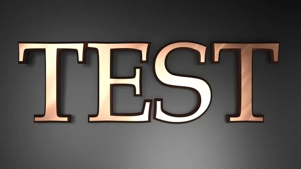 The write TEST in shiny copper letters laying on a black glossy surface - 3D rendering illustration