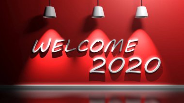 Kırmızı bir duvarda Hoşgeldiniz 2020 yazmak, üç lambalar ile aydınlatılmış - 3d render illüstrasyon