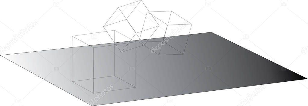 Three wireframed cubes are rolling over a shaded surface - vector