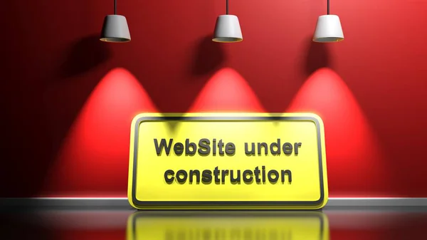 A yellow and black sign with the write WEBSITE UNDER CONSTRUCTION, is standing, leaning at a red  wall, illuminated by three lamps - 3D rendering illustration
