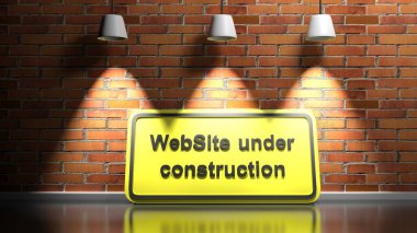 İnşaat Altında Web sitesi yazan sarı ve siyah bir tabela, üç lambayla aydınlatılmış, kırmızı tuğlaların duvarına yaslanmış, 3D çizim