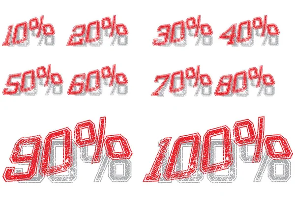 红色粗印花字符的百分比由10 至100 在白色背景上飞散 让阴影投射在白色背景上 — 图库矢量图片